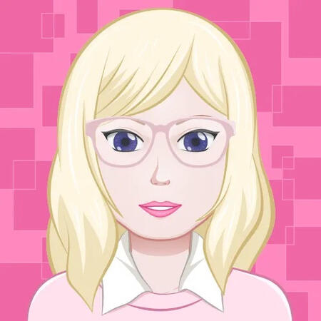 my avatar! blonde hair, blue eyes, pale skin, light pink glasses, light pink sweater with white collar